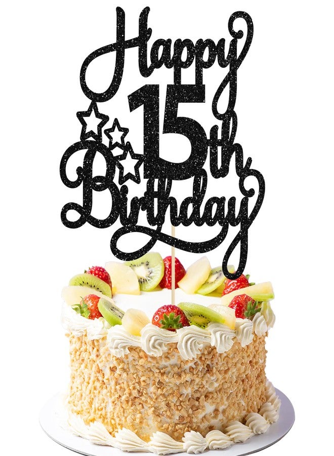 Ephlyn 1 Pack Happy 15th Birthday Cake Topper Black Glitter Mis Quince 15 Cheers to 15 Years Old Birthday Cake Pick for Celebrating 15th Birthday Anniversary Party Cake Decorations Supplies - Image 1